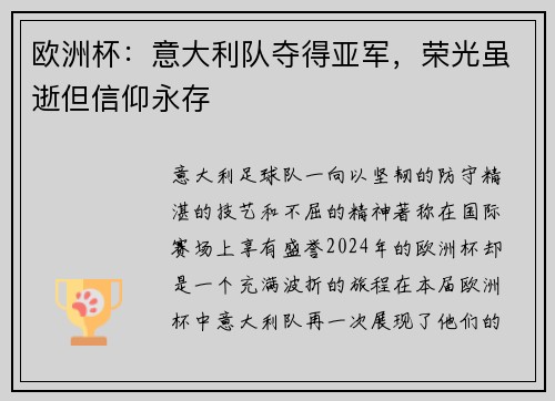 欧洲杯：意大利队夺得亚军，荣光虽逝但信仰永存