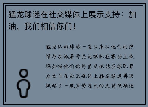猛龙球迷在社交媒体上展示支持：加油，我们相信你们！