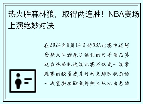 热火胜森林狼，取得两连胜！NBA赛场上演绝妙对决